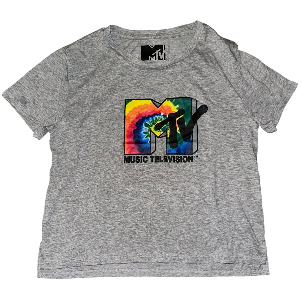MTV Cropped Graphic Tee Gray Neon Rainbow Tie Dye Logo Size Small Casual Womens